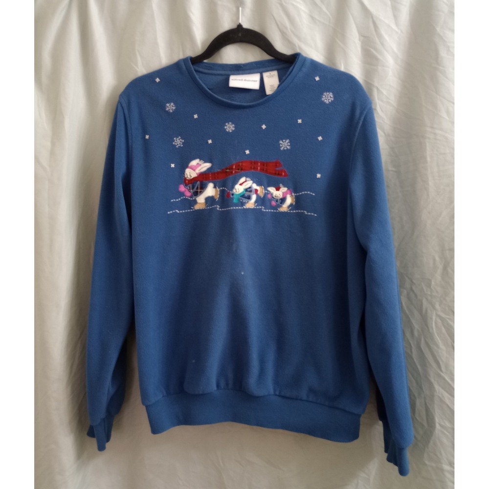 Vintage Alfred Dunner Sweatshirt Bunnies Ice Skating Grandmacore Blue Medium - Picture 1 of 6